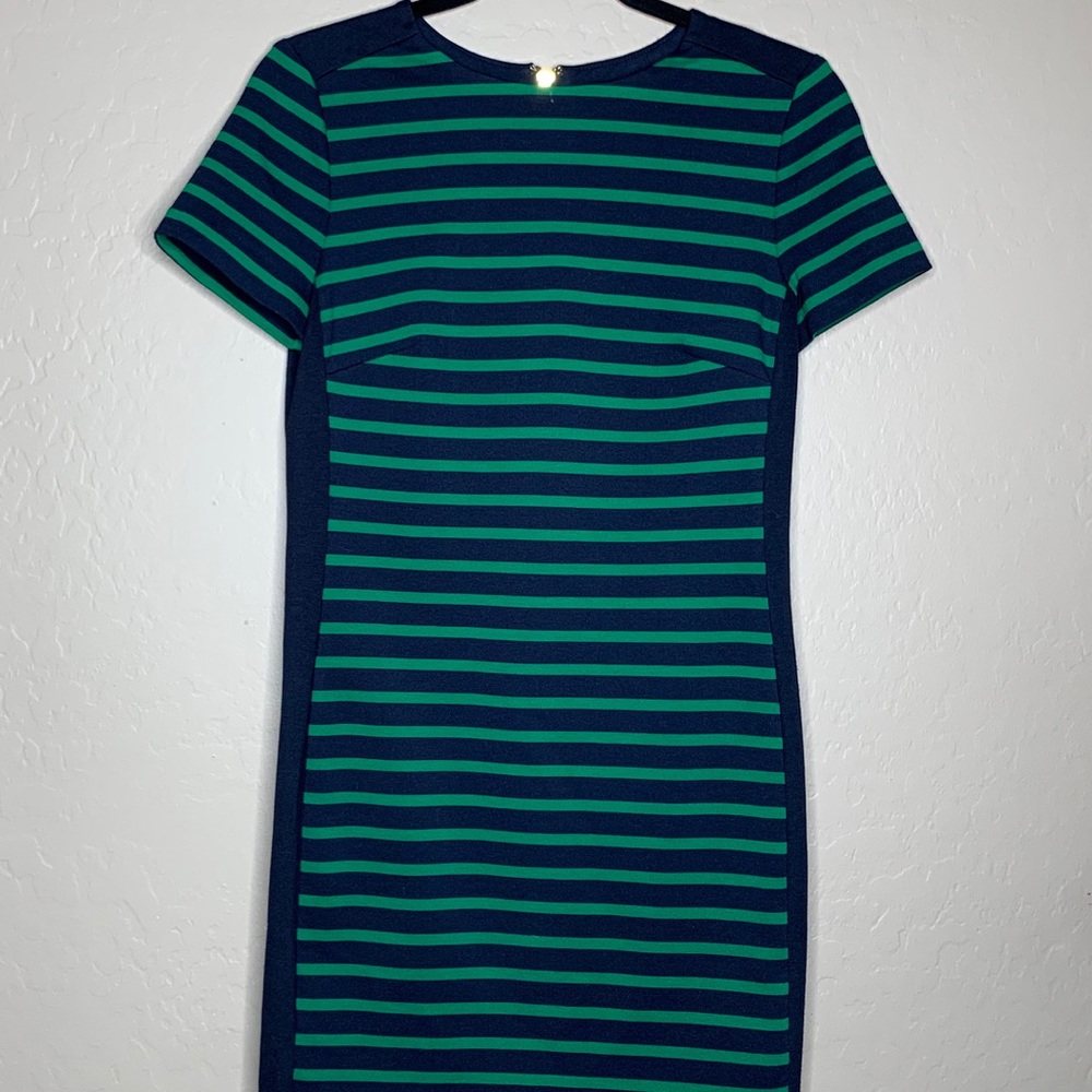 MICHAEL KORS Navy Green Striped Cap Sleeve Dress